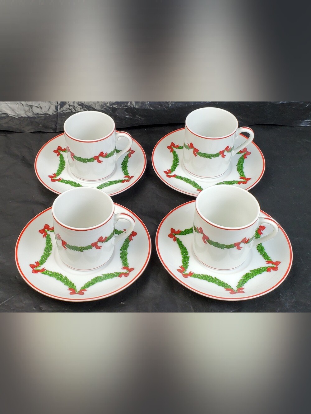 Neiman Marcus Demitasse Christmas Garland Cups and Saucers Espresso - Set of 4